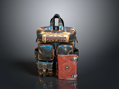 Vintage Leather Backpack With Multiple Pockets And Red Notebook Accessory 3d model