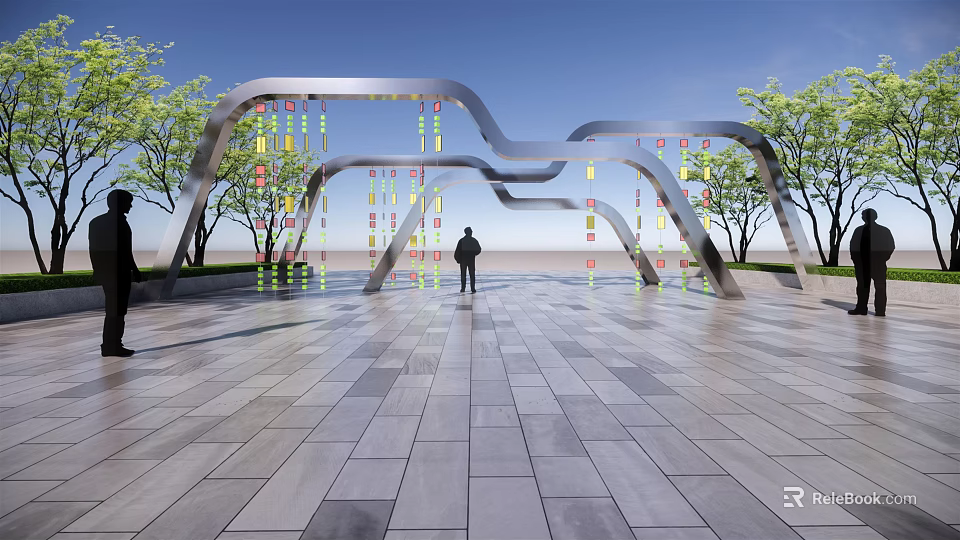 Modern Curved Metal Pergola With Hanging Colorful Decorations In Tree Lined Plaza 3d model 