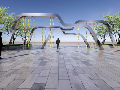 Modern Curved Metal Pergola With Hanging Colorful Decorations In Tree Lined Plaza 3d model