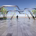Modern Curved Metal Pergola With Hanging Colorful Decorations In Tree Lined Plaza