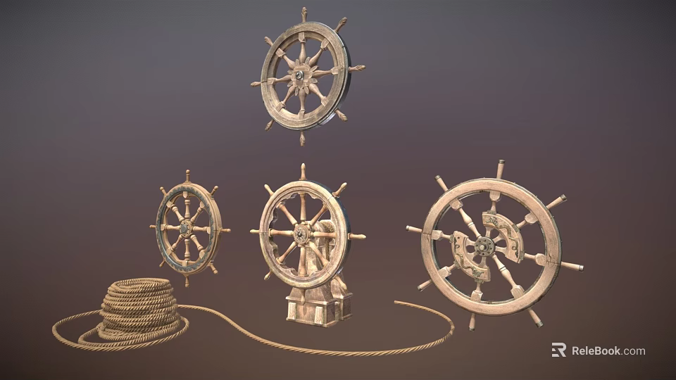 Vintage Ship Wheels and Rope Coil Essential for Classic Water Transport Vessels 3d model 