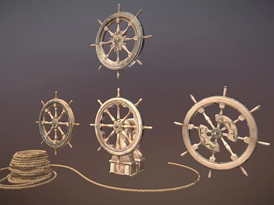Vintage Ship Wheels and Rope Coil Essential for Classic Water Transport Vessels 3d model