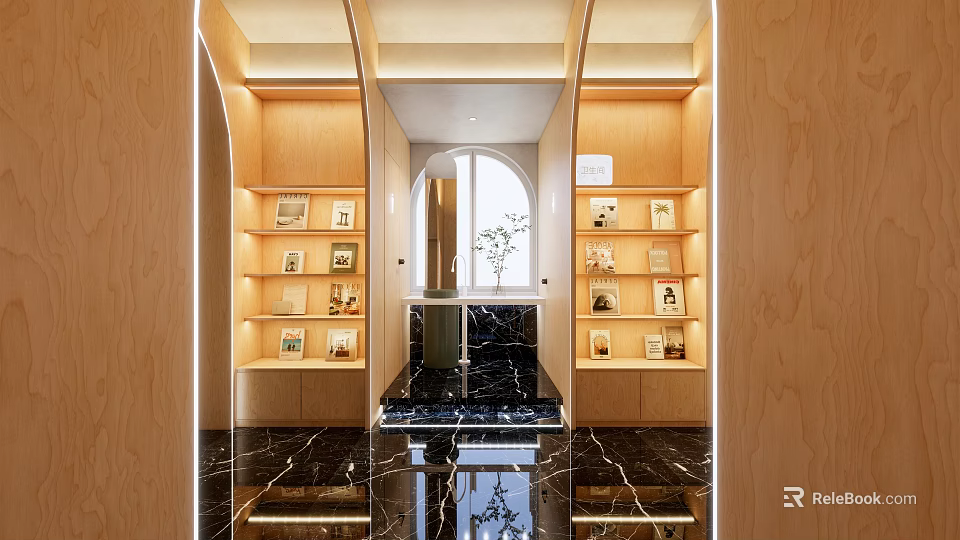 Modern Elegant Public Restroom With Simple Design Wooden Bookshelves Marble Floor And Bright Lighting 3d model 