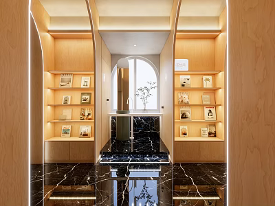 Modern Elegant Public Restroom With Simple Design Wooden Bookshelves Marble Floor And Bright Lighting 3d model