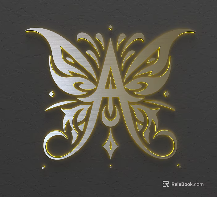 Elegant Butterfly Shaped Wall Decor With Gold Silver Accents And Ornate Letter A Design 3d model 