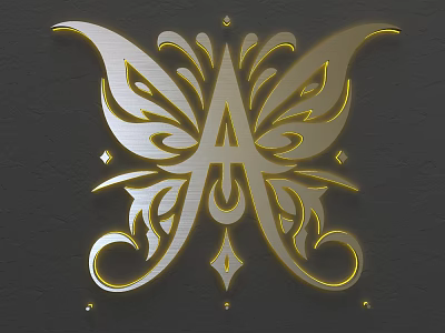 Elegant Butterfly Shaped Wall Decor With Gold Silver Accents And Ornate Letter A Design 3d model