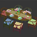 Round Wooden Dining Table Set with Six Upholstered Chairs Tableware and Flower Vase