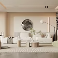 Modern Living Room Interior Design With White Sofa Green Armchair Round Mirror Floor Lamp And Coffee Table