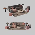 Modern Grey Sofa And Coffee Table Set With Throw Pillows Geometric Rug And Side Tables 3d model