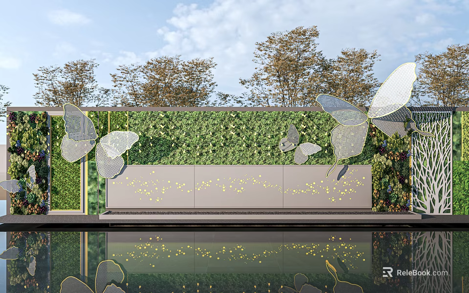 Outdoor Garden Feature Wall With Lush Green Plant Backdrop And Metal Butterfly Decorations 3d model 