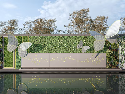 Outdoor Garden Feature Wall With Lush Green Plant Backdrop And Metal Butterfly Decorations 3d model