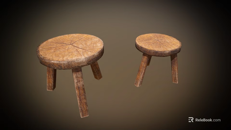 Two Rustic Wooden Stools With Round Seat Natural Wood Grain And Three Legs 3d model 