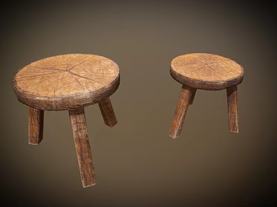 Two Rustic Wooden Stools With Round Seat Natural Wood Grain And Three Legs 3d model
