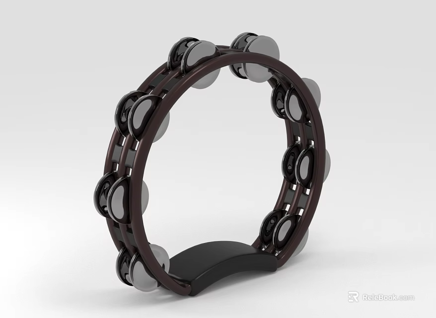 Professional Tambourine Musical Instrument With Black Brown Circular Frame And Metal Jingles 3d model 