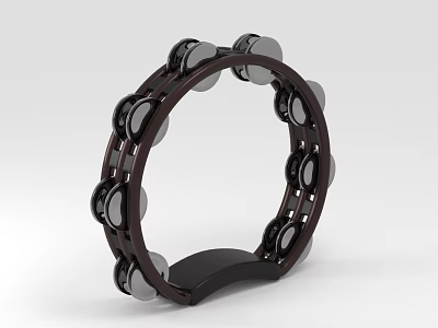 Professional Tambourine Musical Instrument With Black Brown Circular Frame And Metal Jingles 3d model