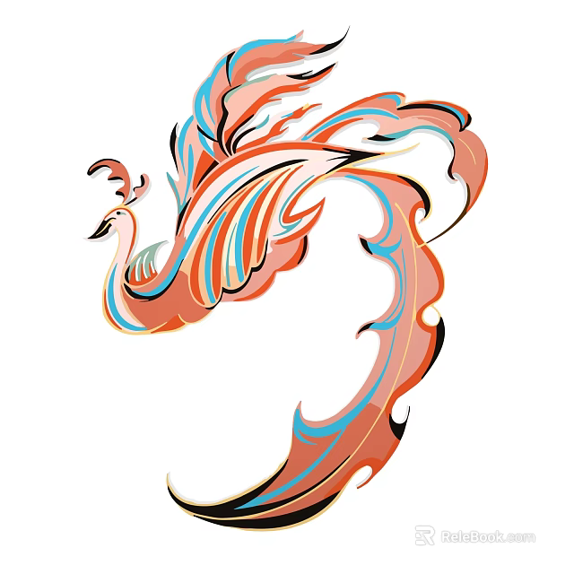 Vibrant Phoenix Themed Wall Decor With Artistic Orange Blue Red Patterns 3d model