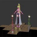 Child Character in Green and White Outfit Standing on Geometric Platform with Golden Spheres and Stands