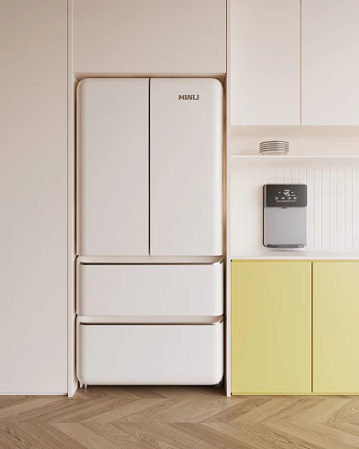 Modern Kitchen With White Hitachi Refrigerator Yellow Cabinets And White Tiled Wall 3d model