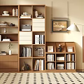 Wooden Bookcase with Multiple Shelves Books Decorative Items and Drawers in Modern Living Room Interior