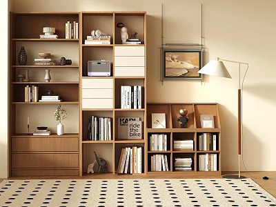 Wooden Bookcase with Multiple Shelves Books Decorative Items and Drawers in Modern Living Room Interior 3d model