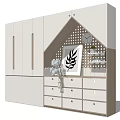 Modern White Wardrobe with Light Wood Accents House Shaped Perforated Dots Design and Decorative Elements