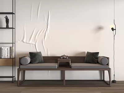 Chinese Style Luohan Bed With Wooden Frame And Gray Cushions In Minimalist Interior 3d model