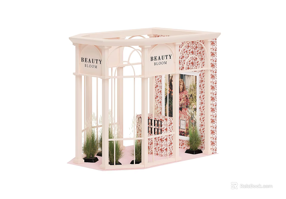 Beauty Salon Kiosk With Pink Floral Decor White Frame And Green Plants 3d model 
