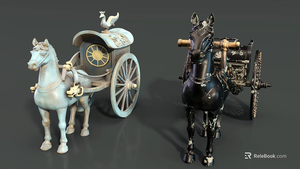Light Blue And Black Horse Drawn Carriage Sculptures With Bird Decoration And Wheels 3d model 