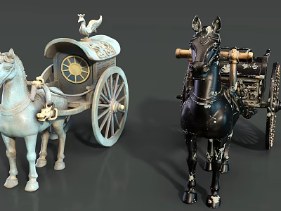 Light Blue And Black Horse Drawn Carriage Sculptures With Bird Decoration And Wheels 3d model