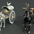 Light Blue And Black Horse Drawn Carriage Sculptures With Bird Decoration And Wheels
