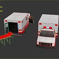 Ambulance Emergency Vehicles with Open Rear Door and Red Medical Stretcher