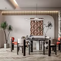 Modern Restaurant Interior With Black Dining Table Orange Beige Chairs Pendant Lights Potted Plants And Geometric Wall Decor
