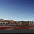 Modern School Building Courtyard Design With Large Windows Green Lawn And Trees