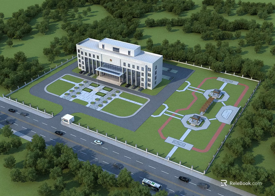 Modern Office Building with Landscaped Courtyard Surrounded by Green Trees and Road Access 3d model 
