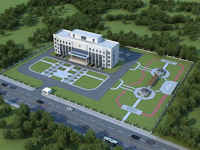 Modern Office Building with Landscaped Courtyard Surrounded by Green Trees and Road Access 3d model