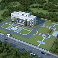 Modern Office Building with Landscaped Courtyard Surrounded by Green Trees and Road Access