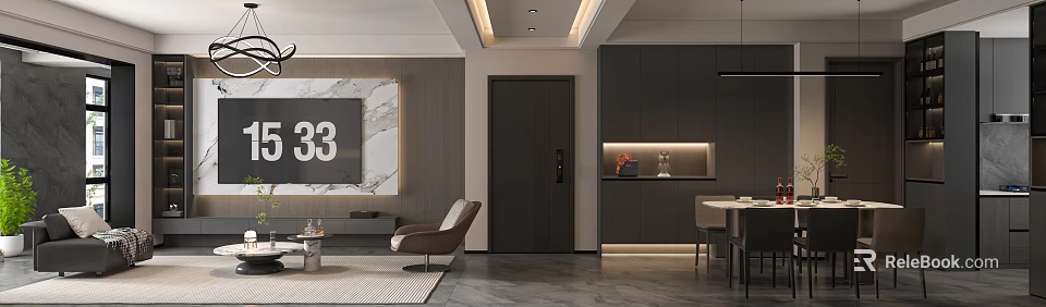 Modern Open Living And Dining Room Interior With Sofa Dining Table And Ambient Lighting 3d model