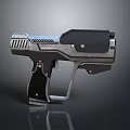 Futuristic Metallic Pistol With Black And Silver Sleek Design Ergonomic Grip And Advanced Tech Details