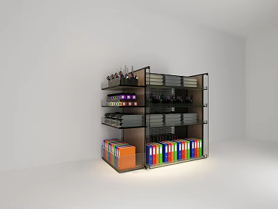 Multi tiered Display Shelving Unit with Colorful Folders Bottles and Small Items in White Room 3d model