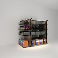 Multi tiered Display Shelving Unit with Colorful Folders Bottles and Small Items in White Room