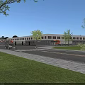 Modern Industrial Factory Exterior With Spacious Road And Delivery Trucks Near Green Trees
