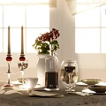 Dining Table Set With Round Marble Top And Four Brown Chairs By Bright Windows With Roller Blinds