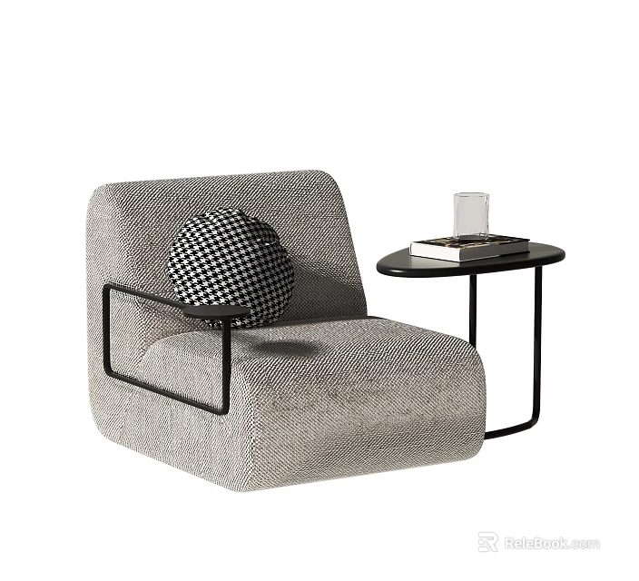 Gray Upholstered Single Sofa With Black Metal Frame Checkered Pillow And Round Side Table 3d model 