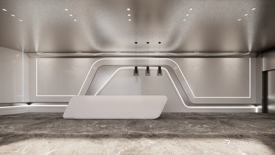 Modern Reception Desk Interior With Curved Wall LED Strip Lighting And Marble Countertop 3d model 