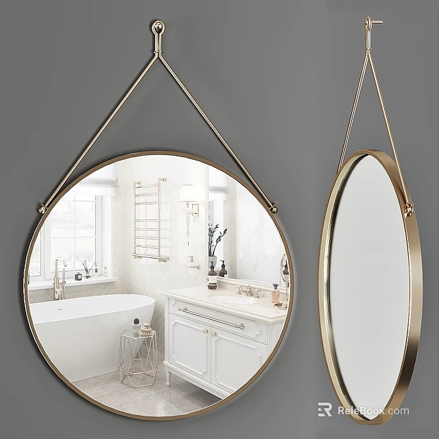Round Hanging Mirror With Gold Frame Reflecting Bathroom Interior Bathtub Vanity And Window 3d model 