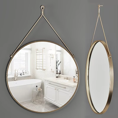 Round Hanging Mirror With Gold Frame Reflecting Bathroom Interior Bathtub Vanity And Window 3d model