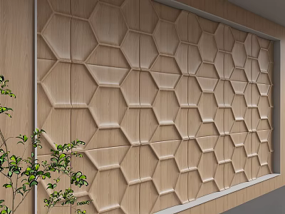 Modern Wooden Background Wall with Hexagonal Pattern Interior Design and Green Plants Beside 3d model