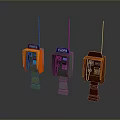 Three Different Colored Public Telephone Booths with Antennas TELEPHONE Sign and Stands