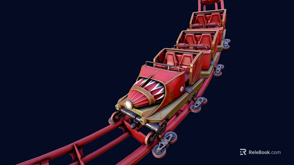 Thrilling Red Roller Coaster Amusement Park Ride With Multiple Cars On Track 3d model 