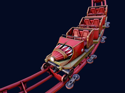 Thrilling Red Roller Coaster Amusement Park Ride With Multiple Cars On Track 3d model
